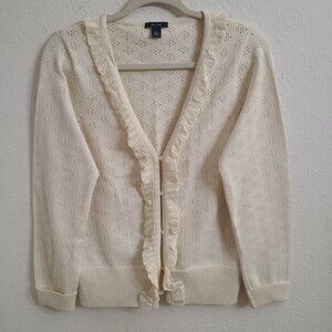 Nautica Ivory V-Neck Button Up Ruffled Long Sleeve Cardigan Sweater sz L